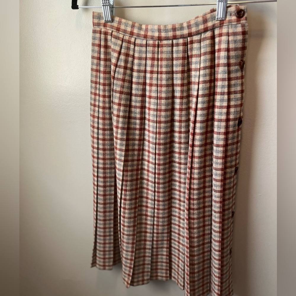 Vintage Pete pleated tan and cream plaid midi skirt size 5 xs